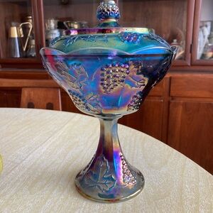 Indiana Blue Carnival Glass Harvest Grape Pedestal Compote Bowl Candy Dish 10"